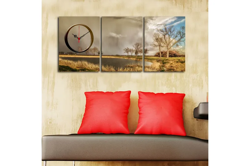 Dekorativ Canvasmålning med Klocka 3 Delar - Flerfärgad - Inredning - Väggdekor - Väggklocka & väggur