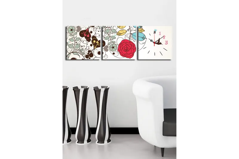 Dekorativ Canvasmålning med Klocka 3 Delar - Flerfärgad - Inredning - Väggdekor - Väggklocka & väggur