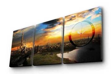 Dekorativ Canvasmålning med Klocka 3 Delar - Flerfärgad - Inredning - Väggdekor - Väggklocka & väggur