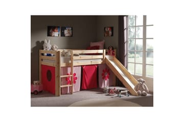 Halvhög Säng med gardin och rutschkana Pino Naturlig, Rosa Blomma - Naturlig, Rosa Blomma - Möbler - Barnmöbler - Barnsäng & juniorsäng - Hussäng