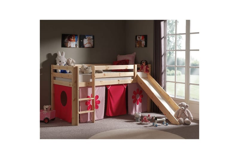 Halvhög Säng med gardin och rutschkana Pino Naturlig, Rosa Blomma - Naturlig, Rosa Blomma - Möbler - Barnmöbler - Barnsäng & juniorsäng - Hussäng