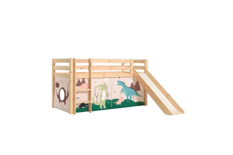 Halvhög Säng med gardin och rutschkana Pino Naturlig, Dino - Naturlig, Dino - Möbler - Barnmöbler - Barnsäng & juniorsäng - Loftsäng barn