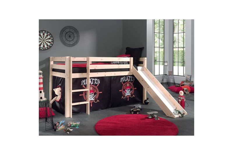 Halvhög Säng med gardin och rutschkana Pino Naturlig, Pirat - Naturlig, Pirat - Möbler - Barnmöbler - Barnsäng & juniorsäng - Loftsäng barn