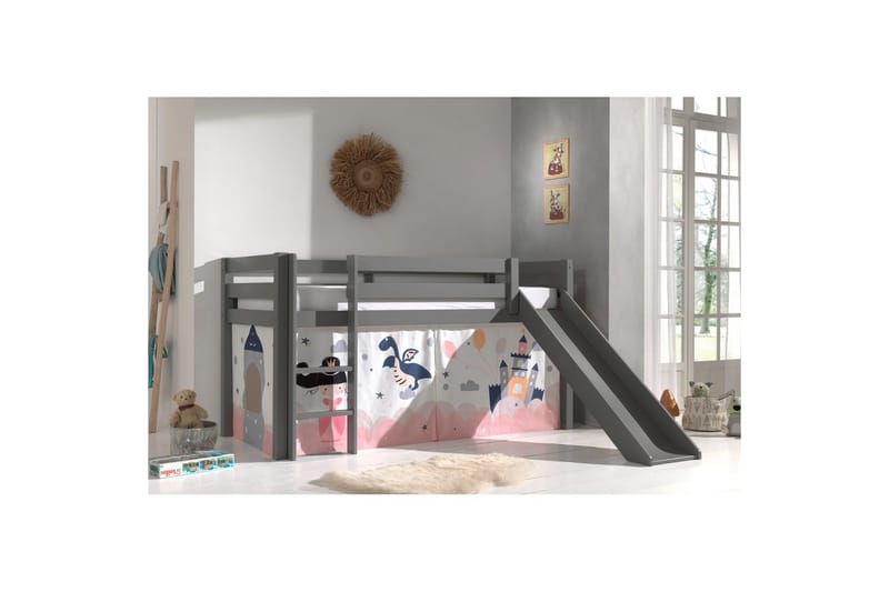 Halvhög Säng med gardin och rutschkana Pino Grå, Prinsessa sophie - Grå, Prinsessa sophie - Möbler - Barnmöbler - Barnsäng & juniorsäng - Loftsäng barn