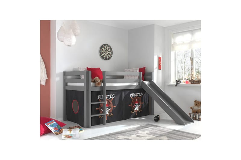 Halvhög Säng med gardin och rutschkana Pino Grå, Pirat - Grå, Pirat - Möbler - Barnmöbler - Barnsäng & juniorsäng - Loftsäng barn