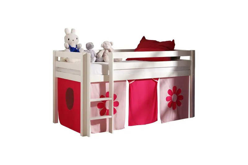 Halvhög Säng med gardin Pino Vit, Rosa Blomma, Vit, Rosa Blomma