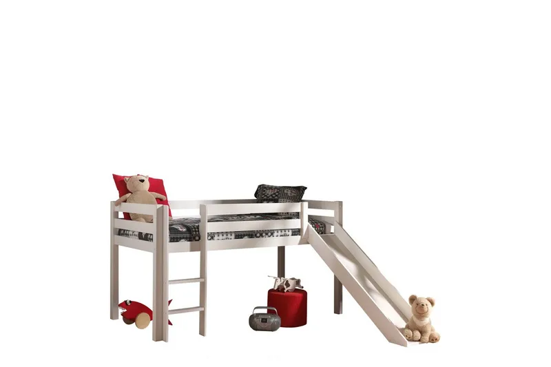 Halvhöjdssäng med gardin Pino Spring Vit, Vit, Med rutschkana, Vår, Fjäder, 3 - Vit, Vit, Med rutschkana, Vår, Fjäder, 3 - Möbler - Barnmöbler - Barnsäng & juniorsäng - Loftsäng barn