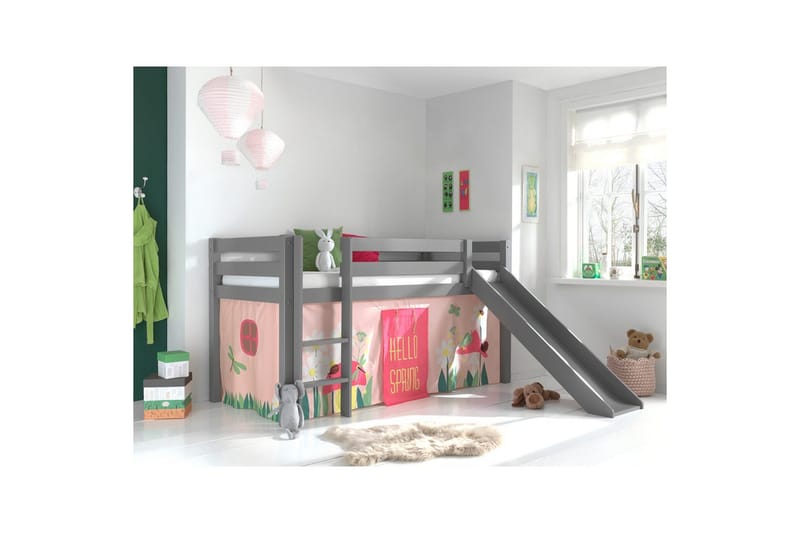 Halvhöjdssäng med gardin Pino Spring Grå, Grå, Med rutschkana, Utan tunnel, Utan fickor - Grå, Grå, Med rutschkana, Utan tunnel, Utan fickor - Möbler - Barnmöbler - Barnsäng & juniorsäng - Loftsäng barn