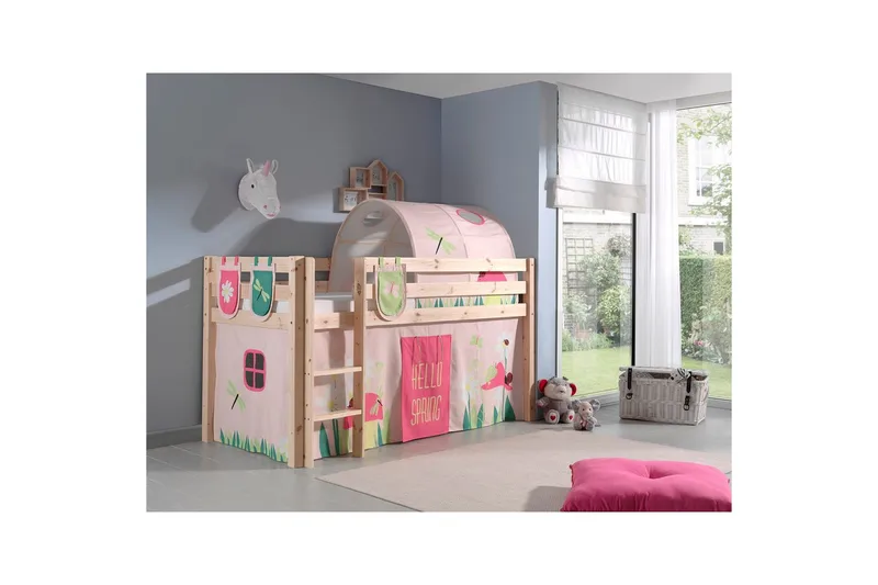 Halvhöjdssäng med gardin Pino Spring Naturlig, Naturlig, Utan rutschkana, Vår, Fjäder, 3 - Naturlig, Naturlig, Utan rutschkana, Vår, Fjäder, 3 - Möbler - Barnmöbler - Barnsäng & juniorsäng - Våningssäng barn