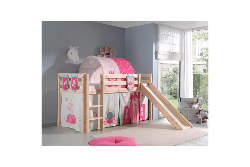 Halvhöjdssäng med gardin Pino Princess Naturlig, Naturlig, Med rutschkana, Prinsessa, 3 - Naturlig, Naturlig, Med rutschkana, Prinsessa, 3 - Möbler - Barnmöbler - Barnsäng & juniorsäng - Loftsäng barn