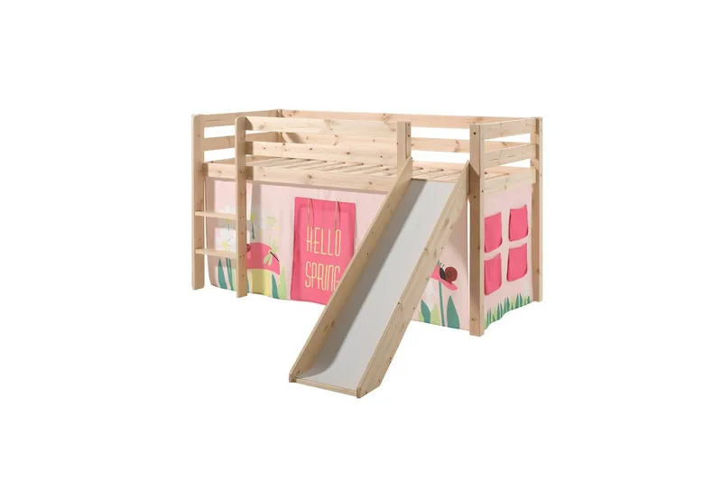Halvhöjdssäng med gardin Pino Spring Naturlig, Naturlig, Med rutschkana, Utan tunnel, Utan fickor - Naturlig, Naturlig, Med rutschkana, Utan tunnel, Utan fickor - Möbler - Barnmöbler - Barnsäng & juniorsäng - Loftsäng barn
