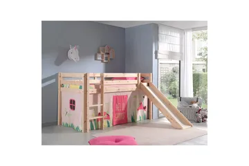 Halvhöjdssäng med gardin Pino Spring Naturlig, Naturlig, Med rutschkana, Utan tunnel, Utan fickor - Naturlig, Naturlig, Med rutschkana, Utan tunnel, Utan fickor - Möbler - Barnmöbler - Barnsäng & juniorsäng - Loftsäng barn