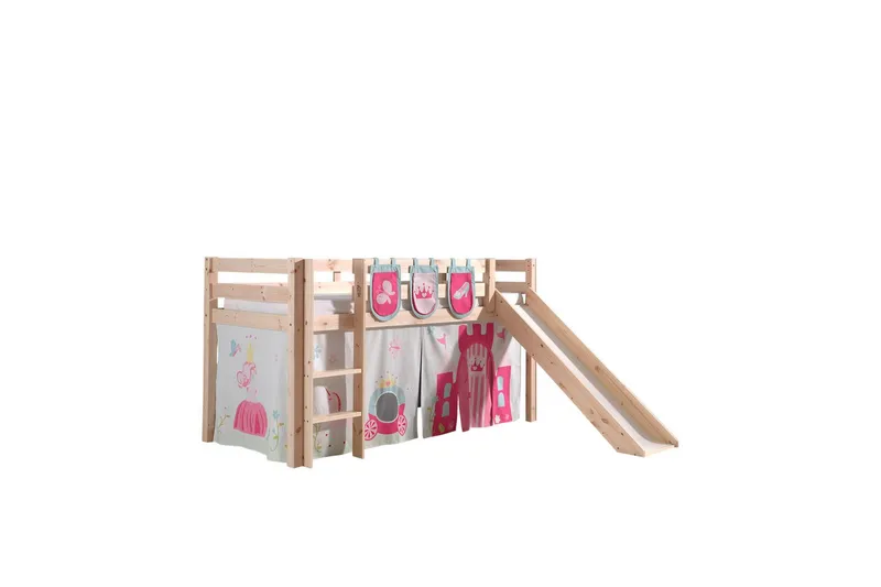 Halvhöjdssäng med gardin Pino Princess Naturlig, Naturlig, Med rutschkana, Utan tunnel, 3 - Naturlig, Naturlig, Med rutschkana, Utan tunnel, 3 - Möbler - Barnmöbler - Barnsäng & juniorsäng - Loftsäng barn