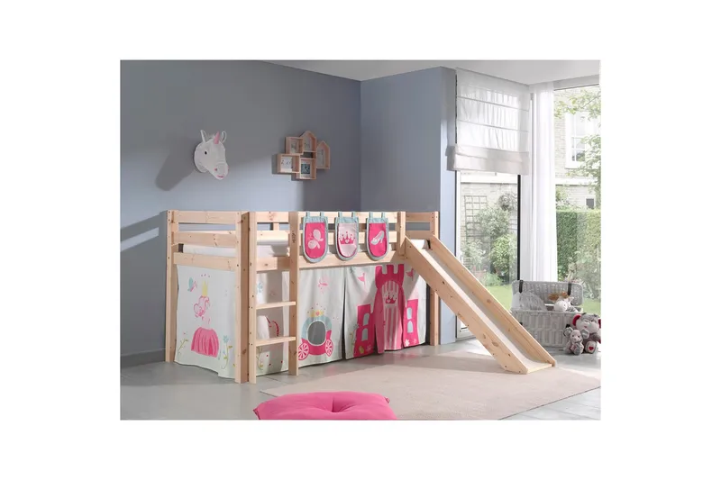 Halvhöjdssäng med gardin Pino Princess Naturlig, Naturlig, Med rutschkana, Utan tunnel, 3 - Naturlig, Naturlig, Med rutschkana, Utan tunnel, 3 - Möbler - Barnmöbler - Barnsäng & juniorsäng - Loftsäng barn