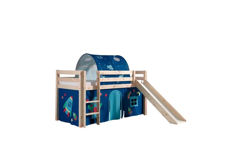 Halvhöjdssäng med gardin Pino Astro Naturlig, Naturlig, Med rutschkana, Med tunnel, Inga fickor - Naturlig, Naturlig, Med rutschkana, Med tunnel, Inga fickor - Möbler - Barnmöbler - Barnsäng & juniorsäng - Loftsäng barn