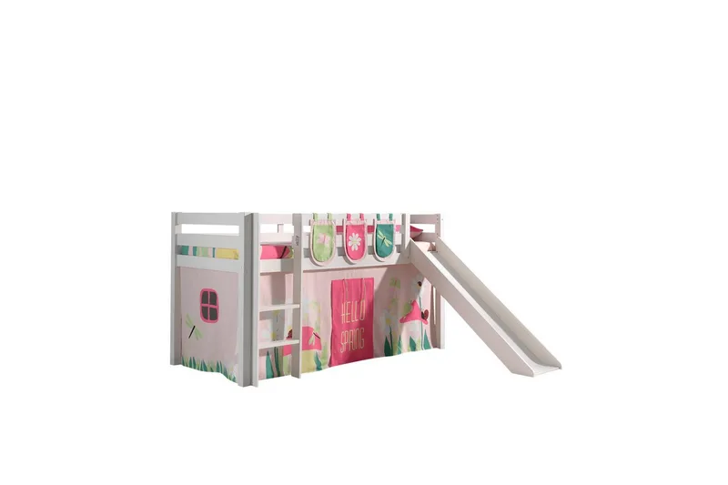 Halvhöjdssäng med gardin Pino Spring Vit, Vit, Med rutschkana, Utan tunnel, 3 - Vit, Vit, Med rutschkana, Utan tunnel, 3 - Möbler - Barnmöbler - Barnsäng & juniorsäng - Loftsäng barn
