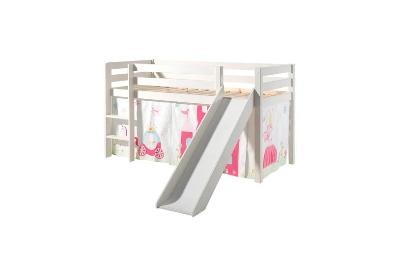 Halvhöjdssäng med gardin Pino Princess Vit, Vit, Med rutschkana, Utan tunnel, Inga fickor, Vit, Vit, Med rutschkana, Utan tunnel, Inga fickor