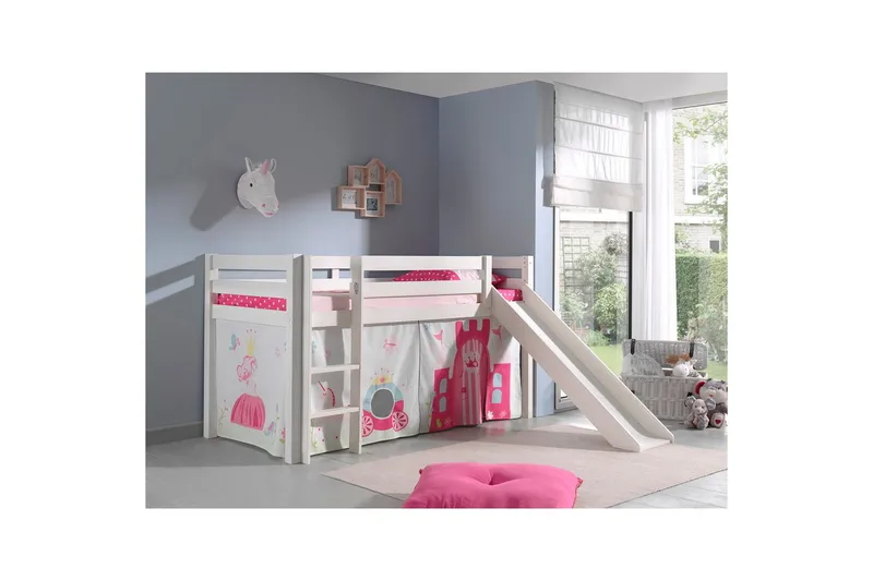 Halvhöjdssäng med gardin Pino Princess Vit, Vit, Med rutschkana, Utan tunnel, Inga fickor - Vit, Vit, Med rutschkana, Utan tunnel, Inga fickor - Möbler - Barnmöbler - Barnsäng & juniorsäng - Loftsäng barn