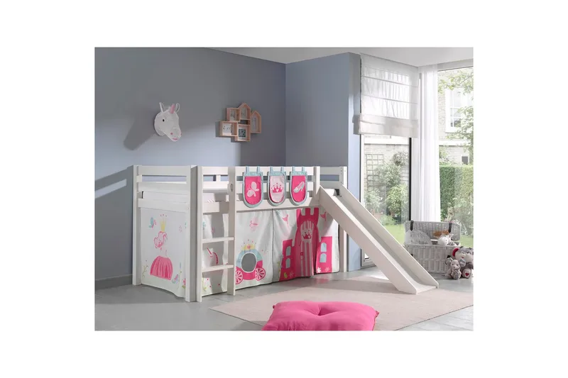 Halvhöjdssäng med gardin Pino Princess Vit, Vit, Med rutschkana, Utan tunnel, 3 - Vit, Vit, Med rutschkana, Utan tunnel, 3 - Möbler - Barnmöbler - Barnsäng & juniorsäng - Loftsäng barn