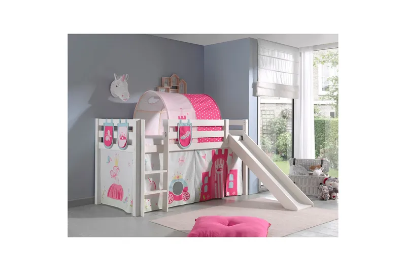 Halvhöjdssäng med gardin Pino Princess Vit, Vit, Med rutschkana, Prinsessa, 3 - Vit, Vit, Med rutschkana, Prinsessa, 3 - Möbler - Barnmöbler - Barnsäng & juniorsäng - Loftsäng barn