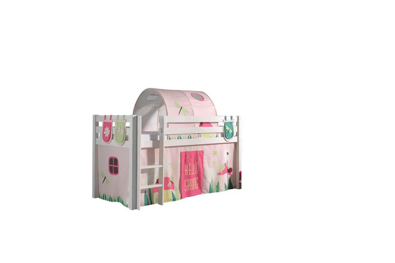 Halvhöjdssäng med gardin Pino Spring Vit, Vit, Utan rutschkana, Vår, Fjäder, 3 - Vit, Vit, Utan rutschkana, Vår, Fjäder, 3 - Möbler - Barnmöbler - Barnsäng & juniorsäng - Loftsäng barn