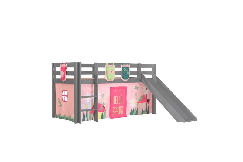 Halvhöjdssäng med gardin Pino Spring Grå, Grå, Med rutschkana, Utan tunnel, 3, Grå, Grå, Med rutschkana, Utan tunnel, 3