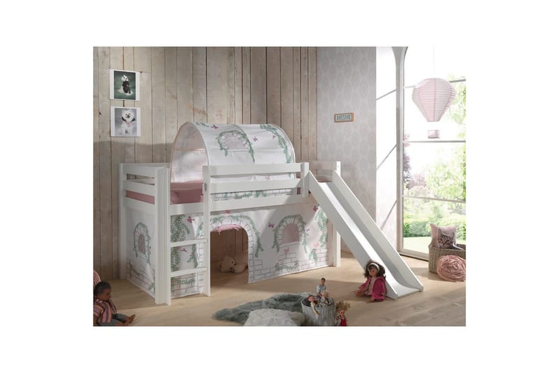 Halvhöjdssäng med gardin Pino Birdy Vit, Vit, Med rutschkana, Birdy, Inga fickor - Vit, Vit, Med rutschkana, Birdy, Inga fickor - Möbler - Barnmöbler - Barnsäng & juniorsäng - Loftsäng barn