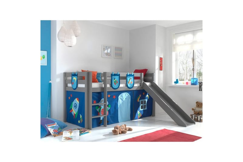 Halvhöjdssäng med gardin Pino Astro Grå, Grå, Med rutschkana, Utan tunnel, 3 - Grå, Grå, Med rutschkana, Utan tunnel, 3 - Möbler - Barnmöbler - Barnsäng & juniorsäng - Loftsäng barn