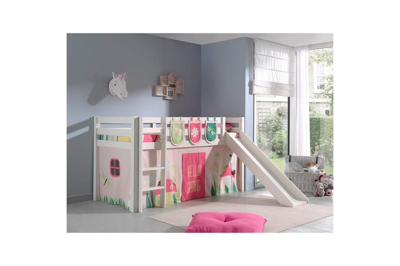 Halvhöjdssäng med gardin Pino Spring Vit, Vit, Med rutschkana, Utan tunnel, 3 - Vit, Vit, Med rutschkana, Utan tunnel, 3 - Möbler - Barnmöbler - Barnsäng & juniorsäng - Loftsäng barn