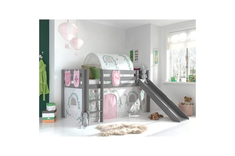 Halvhöjdssäng med gardin Pino Birdy Grå, Grå, Med rutschkana, Birdy, 3 - Grå, Grå, Med rutschkana, Birdy, 3 - Möbler - Barnmöbler - Barnsäng & juniorsäng - Loftsäng barn