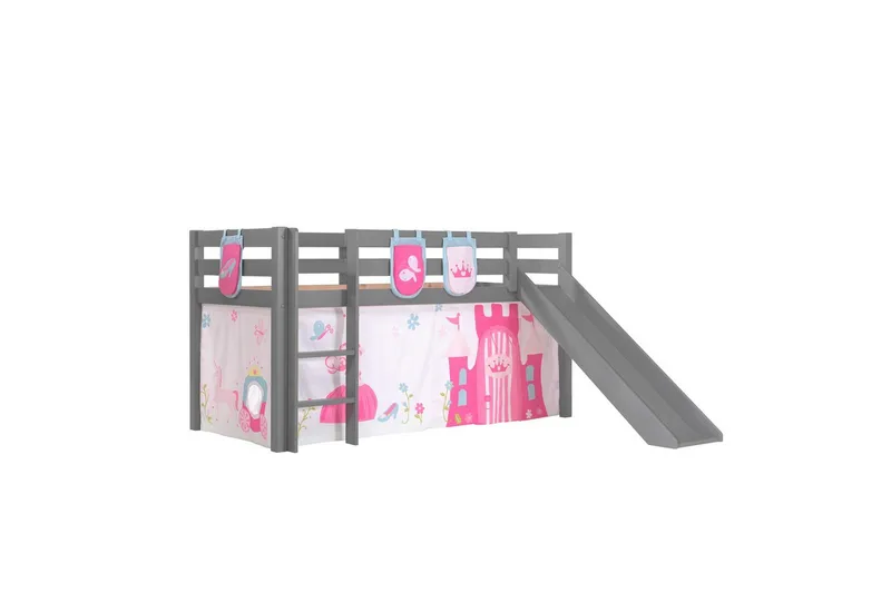 Halvhöjdssäng med gardin Pino Princess Grå, Grå, Med rutschkana, Utan tunnel, 3, Grå, Grå, Med rutschkana, Utan tunnel, 3