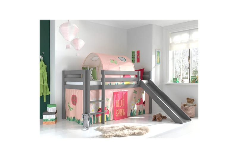 Halvhöjdssäng med gardin Pino Spring Grå, Grå, Med rutschkana, Vår, Fjäder, Utan fickor - Grå, Grå, Med rutschkana, Vår, Fjäder, Utan fickor - Möbler - Barnmöbler - Barnsäng & juniorsäng - Loftsäng barn