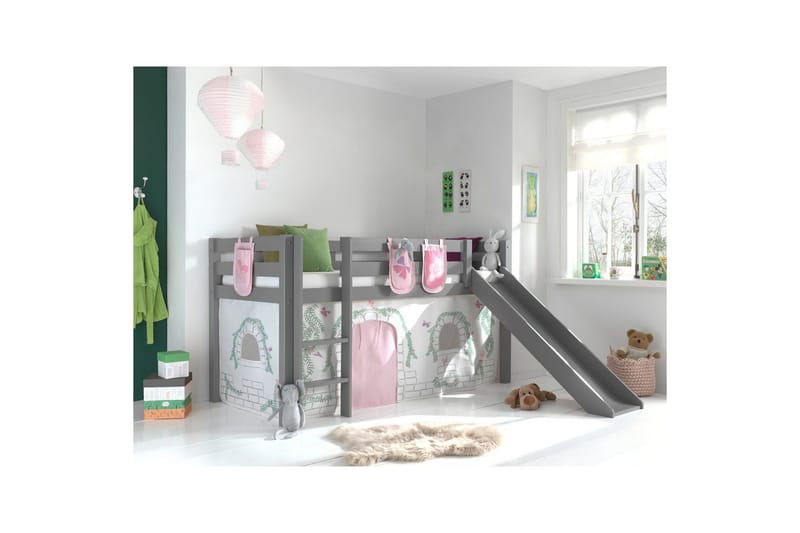 Halvhöjdssäng med gardin Pino Birdy Grå, Grå, Med rutschkana, Utan tunnel, 3 - Grå, Grå, Med rutschkana, Utan tunnel, 3 - Möbler - Barnmöbler - Barnsäng & juniorsäng - Loftsäng barn