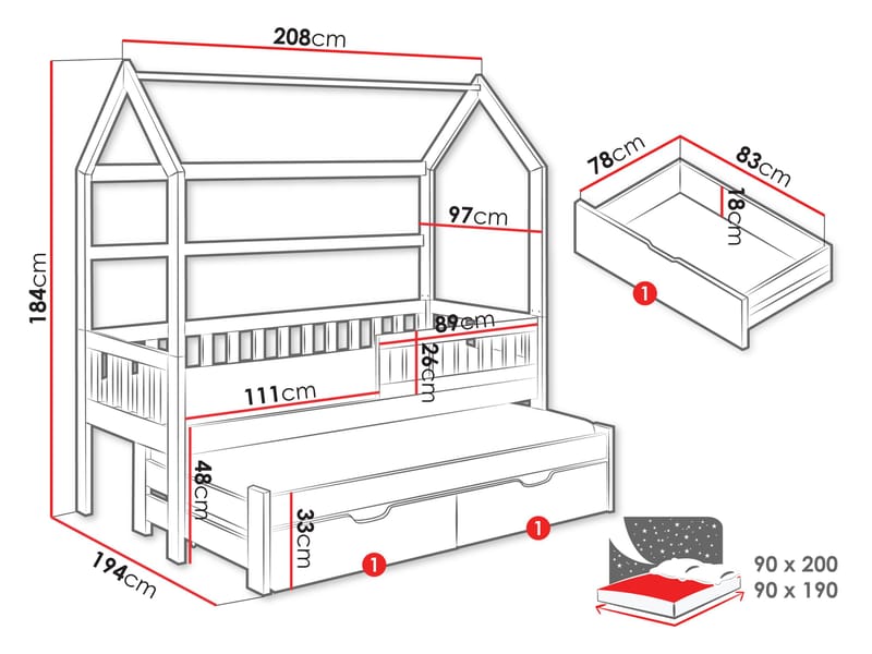 Majbelle Sängram Hussäng 90x200 cm med förvaring och extra liggplats - vit - Möbler - Barnmöbler - Barnsäng & juniorsäng - Hussäng