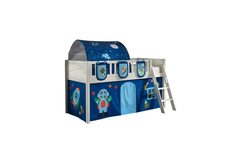 Mellanstegsäng med stege och matchande textilset (lekgardin, tunnel och förvaringsfickor) Scott Astro - Astro - Möbler - Barnmöbler - Barnsäng & juniorsäng - Loftsäng barn