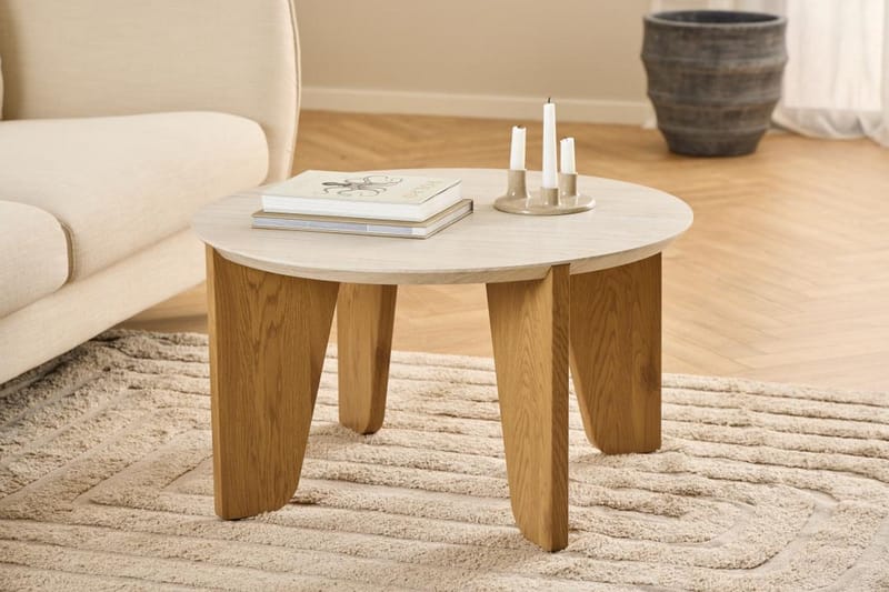Alkha Runt Soffbord 80 cm i Sten med Träben - Beige - Möbler - Bord & matgrupp - Soffbord