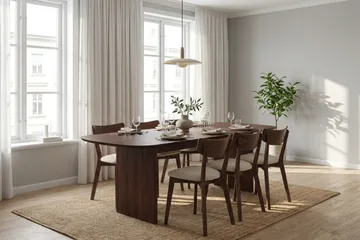 Alma Matgrupp 220 cm rektangulärt i Valnöt med 6 Amelia Matstolar med Dyna - Valnöt/Beige - Möbler - Bord & matgrupp - Matgrupp