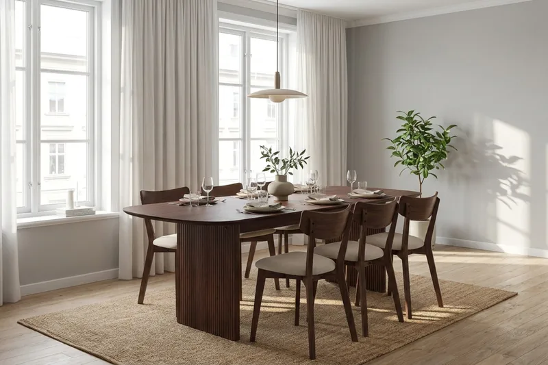 Alma Matgrupp 220 cm rektangulärt i Valnöt med 6 Amelia Matstolar med Dyna - Valnöt/Beige - Möbler - Bord & matgrupp - Matgrupp