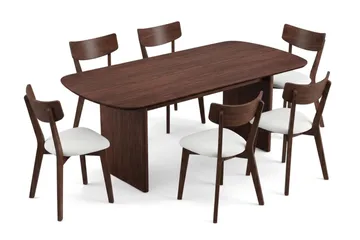 Alma Matgrupp 220 cm rektangulärt i Valnöt med 6 Amelia Matstolar med Dyna - Valnöt/Beige - Möbler - Bord & matgrupp - Matgrupp