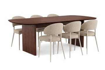 Alma Rektangulär Matgrupp 220 cm – Matbord med Valnötsutseende och 6 Klädda Sawako Matstolar - Brun|Beige - Möbler - Bord & matgrupp - Matgrupp