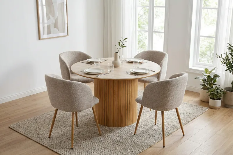 Arvo Matgrupp runt 120 cm Ek med 4 Greya Matstolar - Ek/Greige - Möbler - Bord & matgrupp - Matgrupp