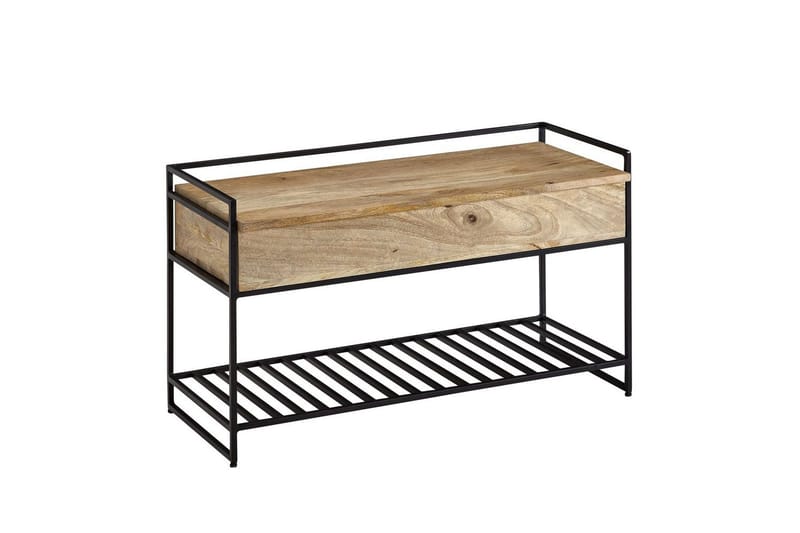 Bänk Wohnling industriell look med stort förvaringsutrymme i massivt trä och öppen skohylla Beige, Beige