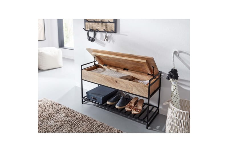 Bänk Wohnling industriell look med stort förvaringsutrymme i massivt trä och öppen skohylla Beige - Beige - Möbler - Bord & matgrupp - Avlastningsbord & sidobord - Lampbord & sidobord