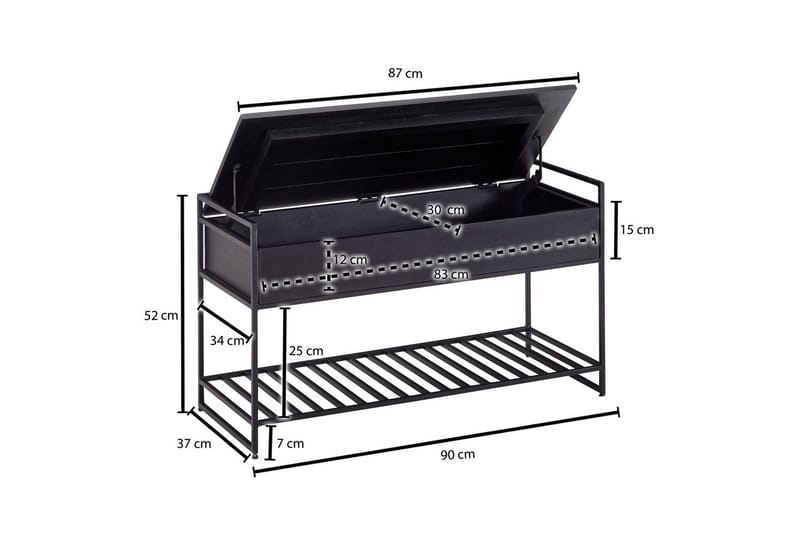 Bänk Wohnling industriell look med stort förvaringsutrymme i massivt trä och öppen skohylla Svart - Svart - Möbler - Bord & matgrupp - Avlastningsbord & sidobord - Lampbord & sidobord