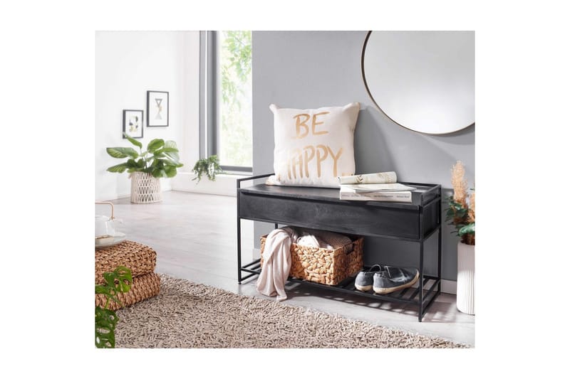 Bänk Wohnling industriell look med stort förvaringsutrymme i massivt trä och öppen skohylla Svart - Svart - Möbler - Bord & matgrupp - Avlastningsbord & sidobord - Lampbord & sidobord