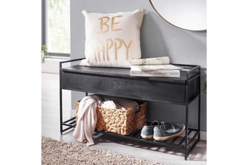 Bänk Wohnling industriell look med stort förvaringsutrymme i massivt trä och öppen skohylla Svart - Svart - Möbler - Bord & matgrupp - Avlastningsbord & sidobord - Lampbord & sidobord