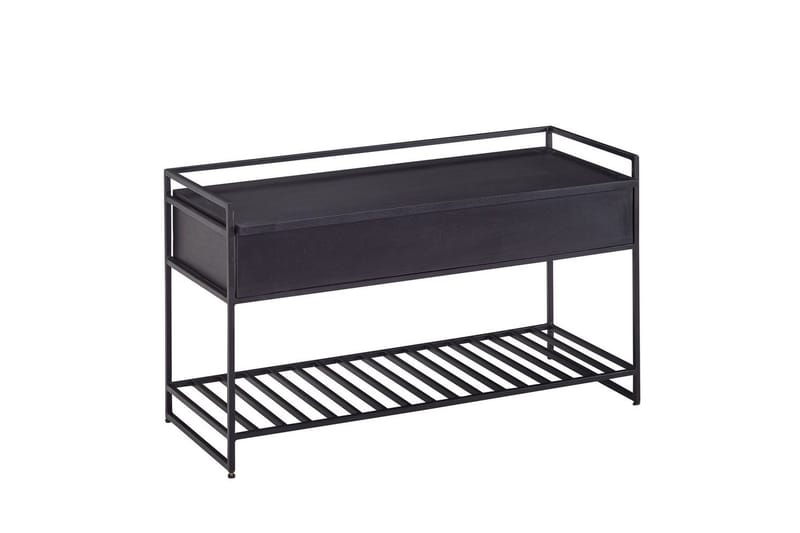Bänk Wohnling industriell look med stort förvaringsutrymme i massivt trä och öppen skohylla Svart - Svart - Möbler - Bord & matgrupp - Avlastningsbord & sidobord - Lampbord & sidobord