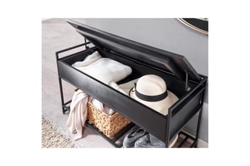 Bänk Wohnling industriell look med stort förvaringsutrymme i massivt trä och öppen skohylla Svart - Svart - Möbler - Bord & matgrupp - Avlastningsbord & sidobord - Lampbord & sidobord