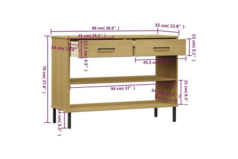 beBasic Konsolbord med metallben OSLO brun massiv furu - Brown - Konsolbord & hallbord - Avlastningsbord & sidobord - Hallförvaring