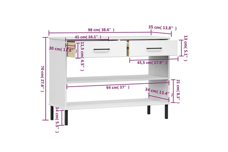 beBasic Konsolbord med metallben OSLO vit massiv furu - White - Konsolbord & hallbord - Avlastningsbord & sidobord - Hallförvaring
